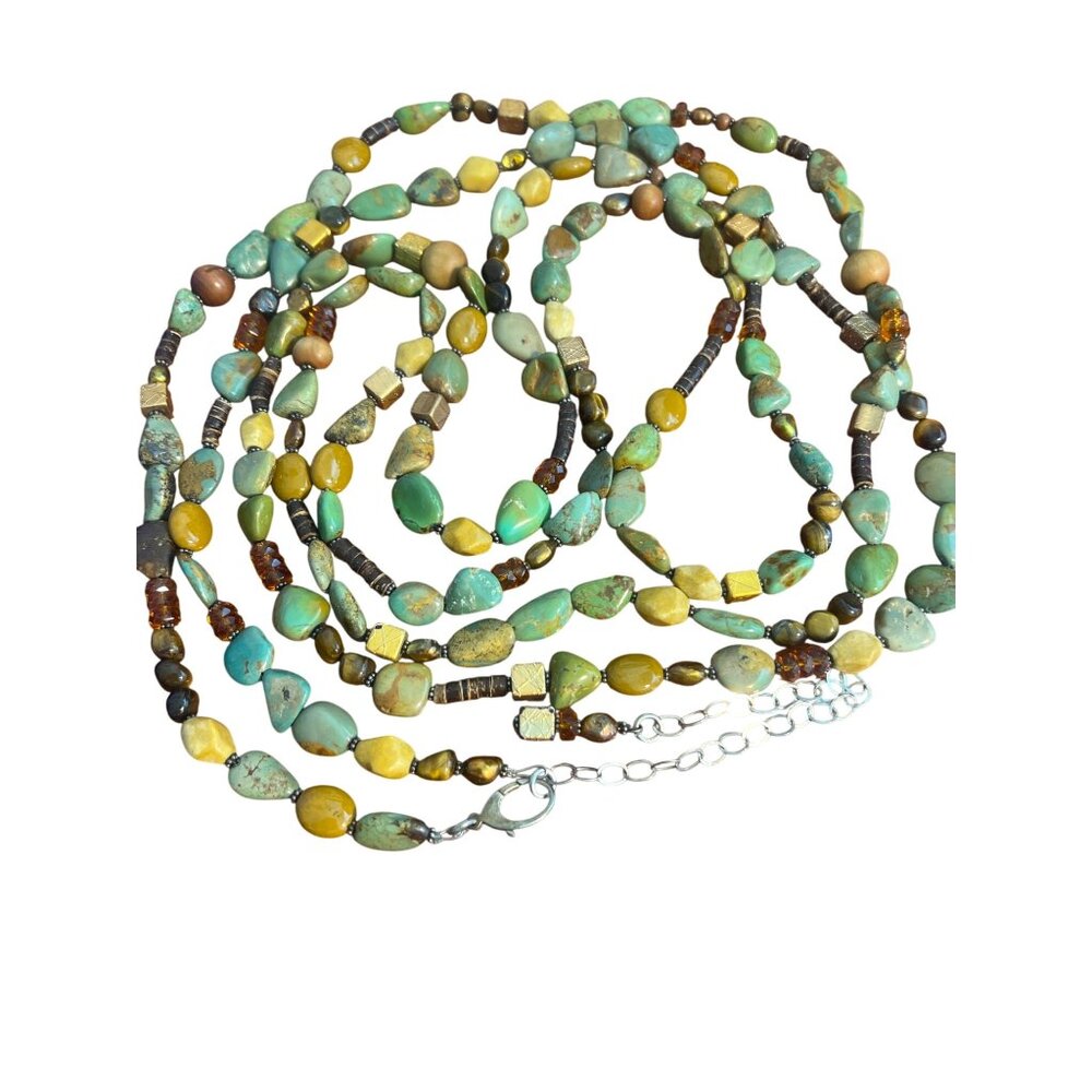 Vintage Turquoise Beaded Necklace Sterling Silver Wood Tigers Eye LONG Adj 114"
